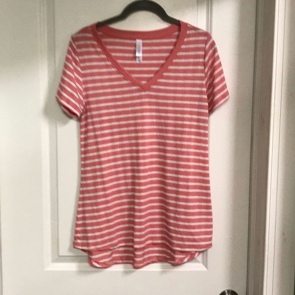 Lularoe Christy T pink and white striped v-neck